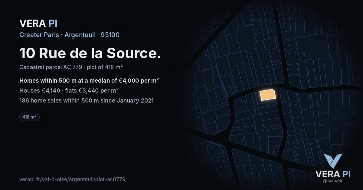 10 Rue de la Source, Argenteuil at night – the plot lit, the parcels around coloured by the prices near them