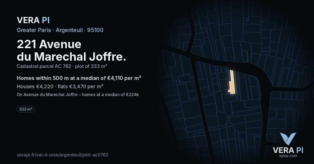 221 Avenue du Marechal Joffre, Argenteuil at night – the plot lit, the parcels around coloured by the prices near them
