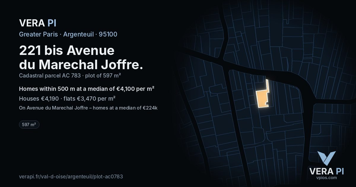 221 bis Avenue du Marechal Joffre, Argenteuil at night – the plot lit, the parcels around coloured by the prices near them