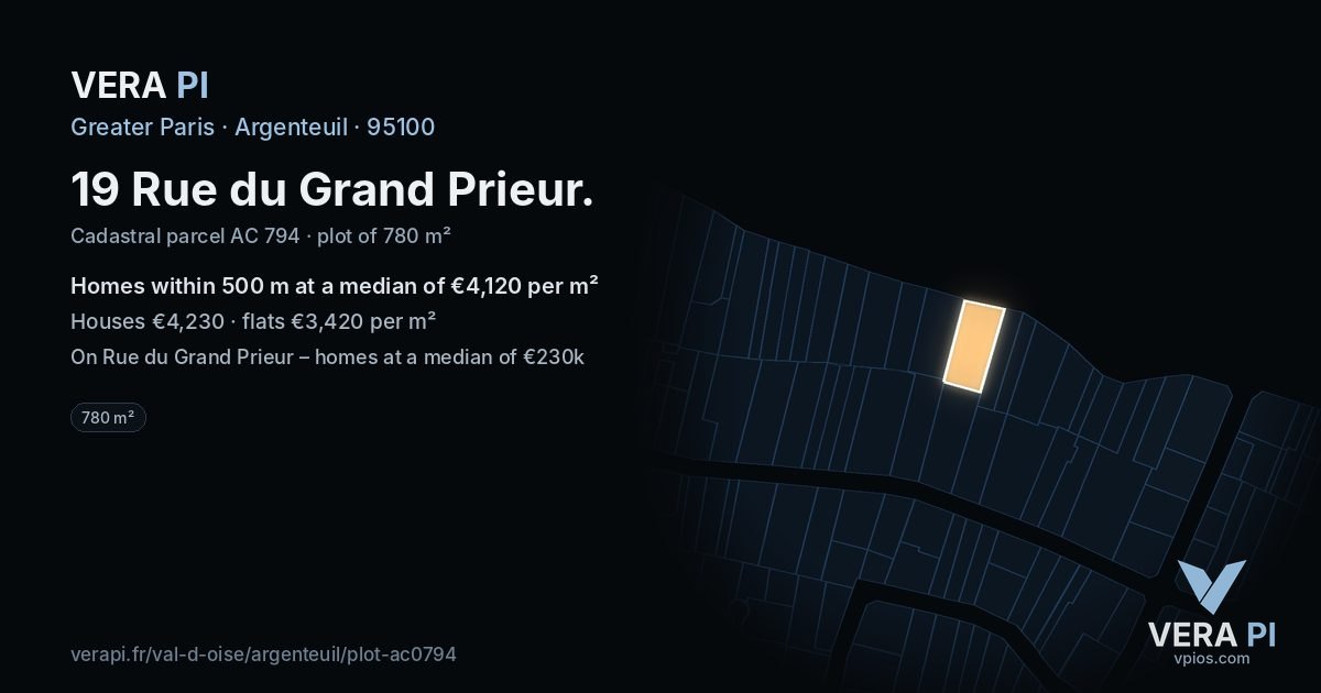 19 Rue du Grand Prieur, Argenteuil at night – the plot lit, the parcels around coloured by the prices near them