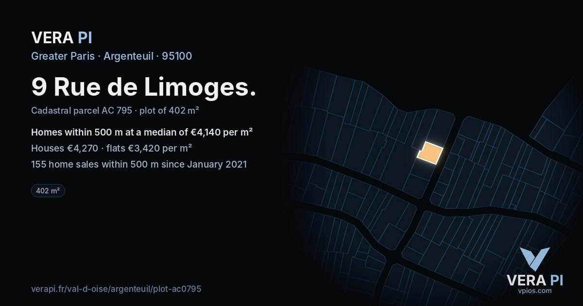 9 Rue de Limoges, Argenteuil at night – the plot lit, the parcels around coloured by the prices near them