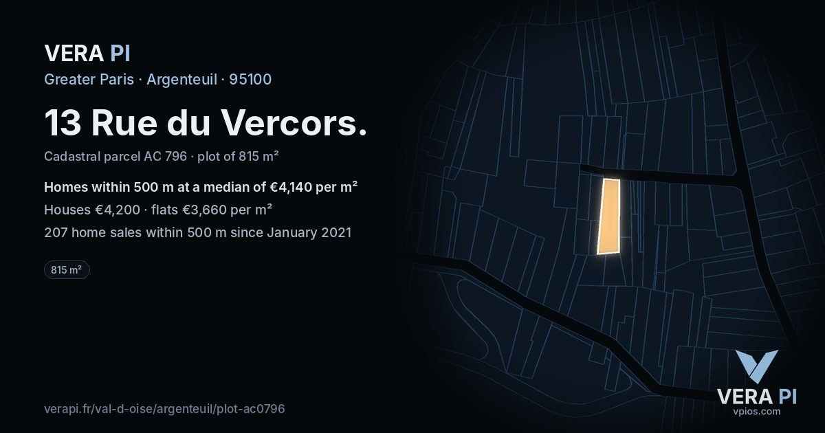 13 Rue du Vercors, Argenteuil at night – the plot lit, the parcels around coloured by the prices near them