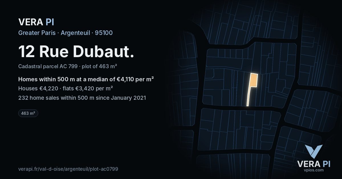 12 Rue Dubaut, Argenteuil at night – the plot lit, the parcels around coloured by the prices near them