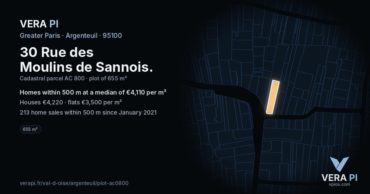 30 Rue des Moulins de Sannois, Argenteuil at night – the plot lit, the parcels around coloured by the prices near them