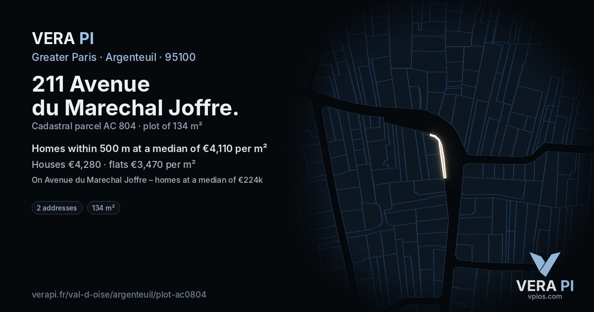 211 Avenue du Marechal Joffre, Argenteuil at night – the plot lit, the parcels around coloured by the prices near them