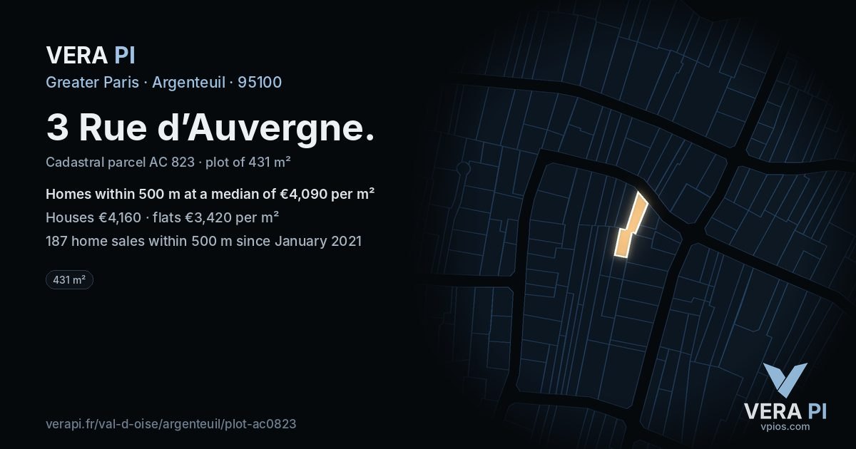 3 Rue d’Auvergne, Argenteuil at night – the plot lit, the parcels around coloured by the prices near them