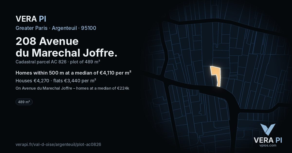 208 Avenue du Marechal Joffre, Argenteuil at night – the plot lit, the parcels around coloured by the prices near them