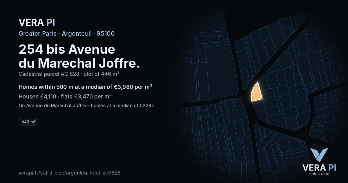 254 bis Avenue du Marechal Joffre, Argenteuil at night – the plot lit, the parcels around coloured by the prices near them