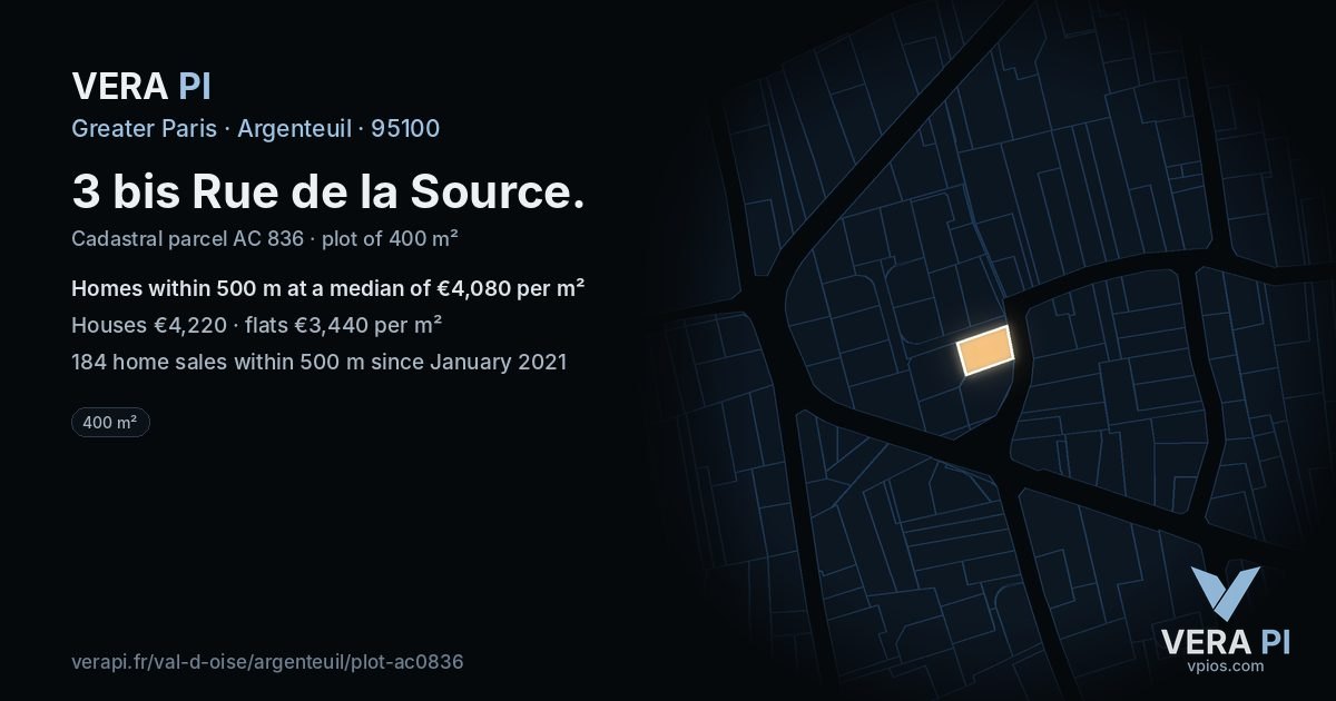 3 bis Rue de la Source, Argenteuil at night – the plot lit, the parcels around coloured by the prices near them