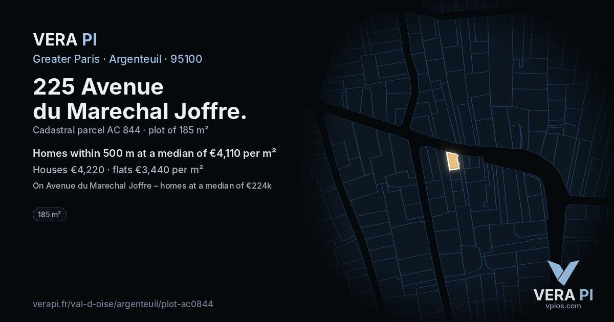 225 Avenue du Marechal Joffre, Argenteuil at night – the plot lit, the parcels around coloured by the prices near them