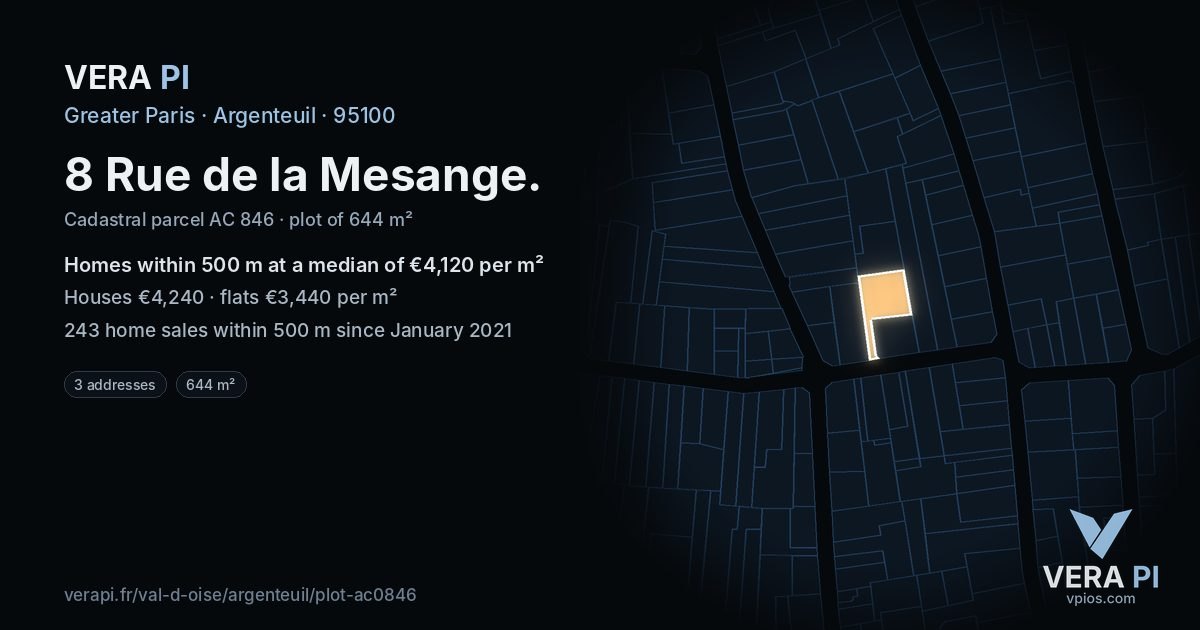 8 Rue de la Mesange, Argenteuil at night – the plot lit, the parcels around coloured by the prices near them