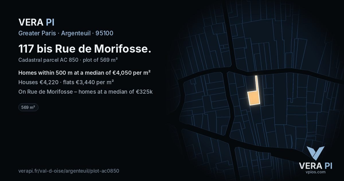 117 bis Rue de Morifosse, Argenteuil at night – the plot lit, the parcels around coloured by the prices near them