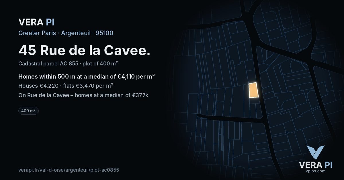 45 Rue de la Cavee, Argenteuil at night – the plot lit, the parcels around coloured by the prices near them