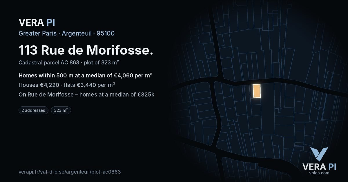 113 Rue de Morifosse, Argenteuil at night – the plot lit, the parcels around coloured by the prices near them