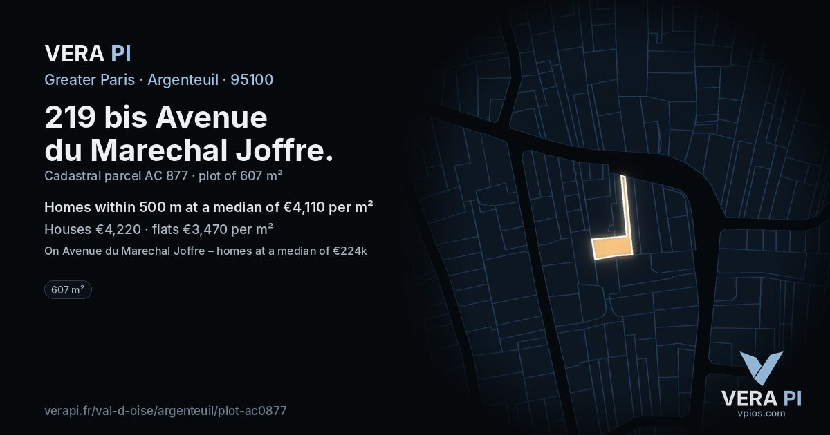 219 bis Avenue du Marechal Joffre, Argenteuil at night – the plot lit, the parcels around coloured by the prices near them