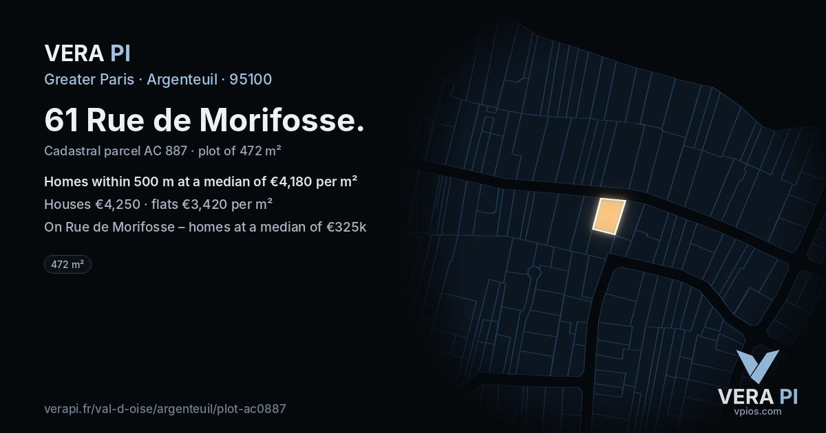 61 Rue de Morifosse, Argenteuil at night – the plot lit, the parcels around coloured by the prices near them