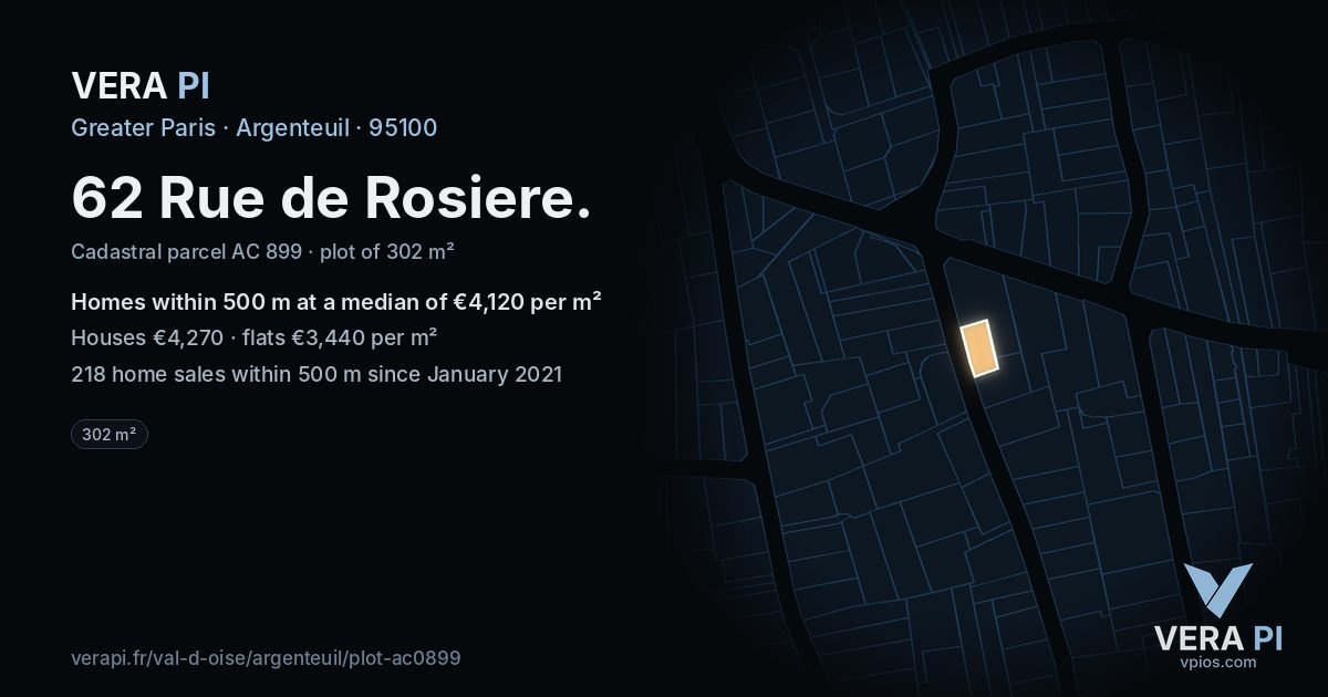 62 Rue de Rosiere, Argenteuil at night – the plot lit, the parcels around coloured by the prices near them