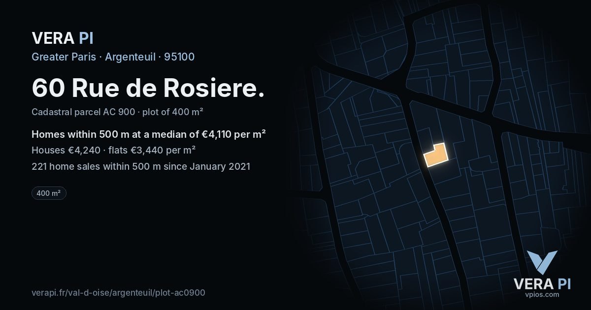 60 Rue de Rosiere, Argenteuil at night – the plot lit, the parcels around coloured by the prices near them
