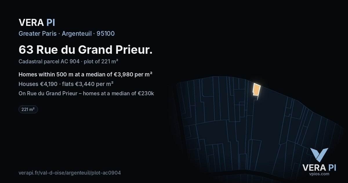 63 Rue du Grand Prieur, Argenteuil at night – the plot lit, the parcels around coloured by the prices near them
