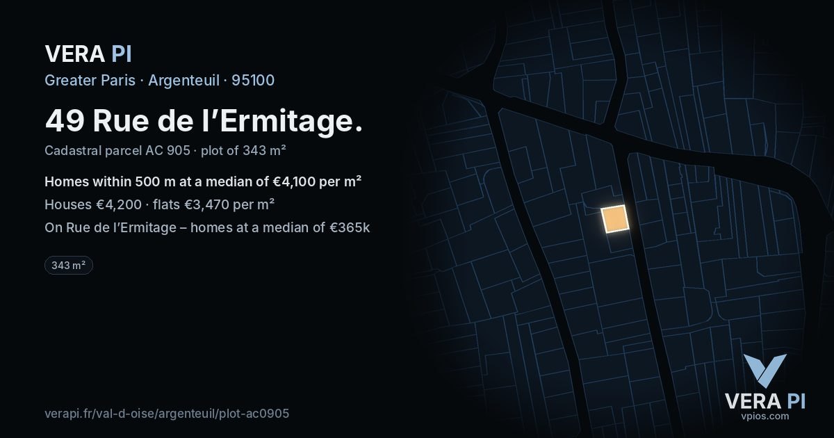 49 Rue de l’Ermitage, Argenteuil at night – the plot lit, the parcels around coloured by the prices near them