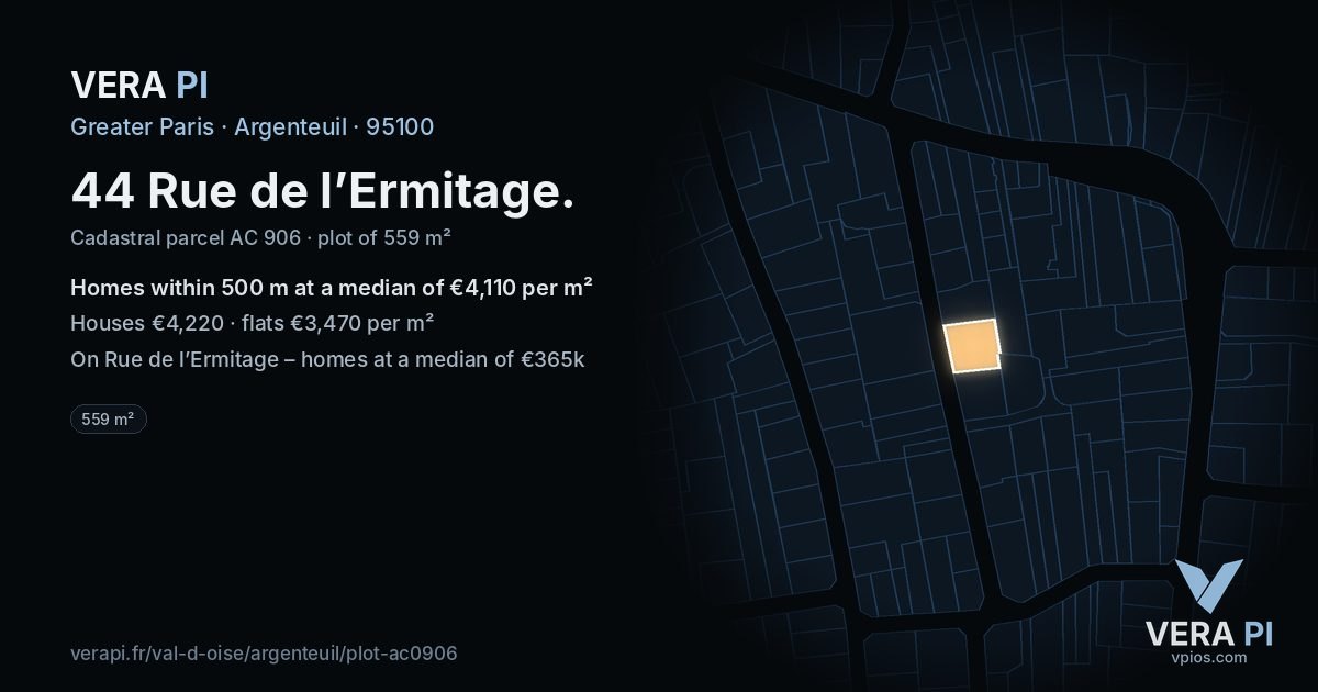 44 Rue de l’Ermitage, Argenteuil at night – the plot lit, the parcels around coloured by the prices near them
