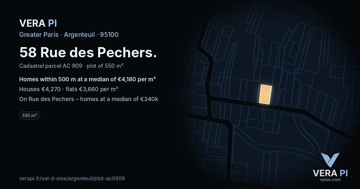 58 Rue des Pechers, Argenteuil at night – the plot lit, the parcels around coloured by the prices near them