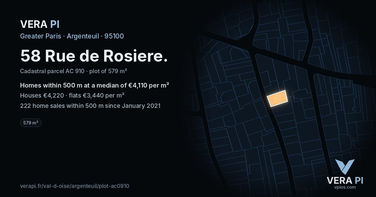 58 Rue de Rosiere, Argenteuil at night – the plot lit, the parcels around coloured by the prices near them