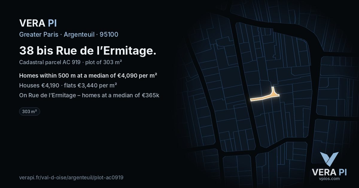 38 bis Rue de l’Ermitage, Argenteuil at night – the plot lit, the parcels around coloured by the prices near them