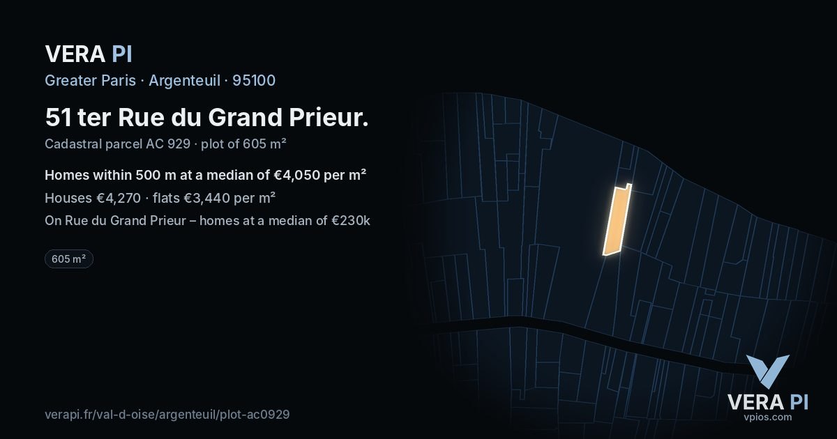 51 ter Rue du Grand Prieur, Argenteuil at night – the plot lit, the parcels around coloured by the prices near them
