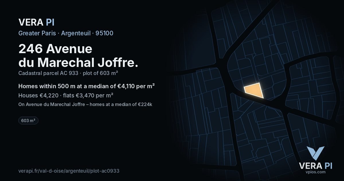 246 Avenue du Marechal Joffre, Argenteuil at night – the plot lit, the parcels around coloured by the prices near them