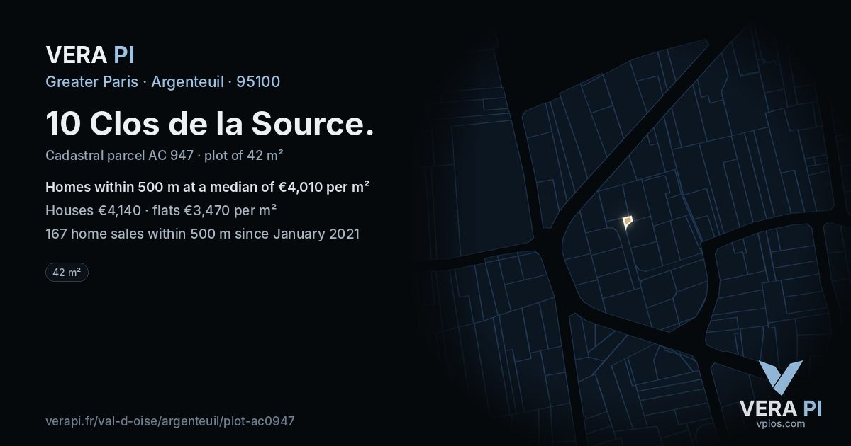 10 Clos de la Source, Argenteuil at night – the plot lit, the parcels around coloured by the prices near them