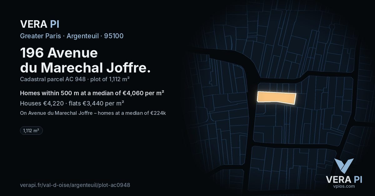 196 Avenue du Marechal Joffre, Argenteuil at night – the plot lit, the parcels around coloured by the prices near them