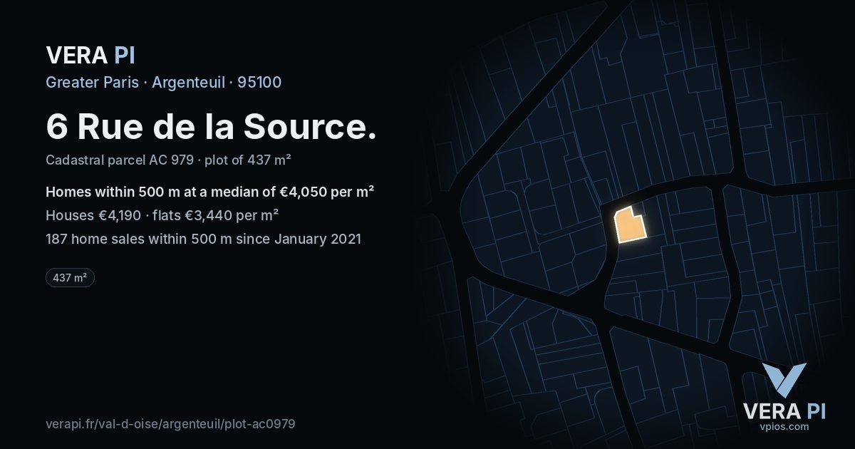 6 Rue de la Source, Argenteuil at night – the plot lit, the parcels around coloured by the prices near them