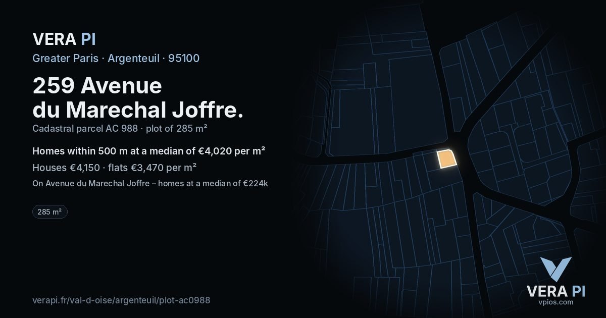 259 Avenue du Marechal Joffre, Argenteuil at night – the plot lit, the parcels around coloured by the prices near them