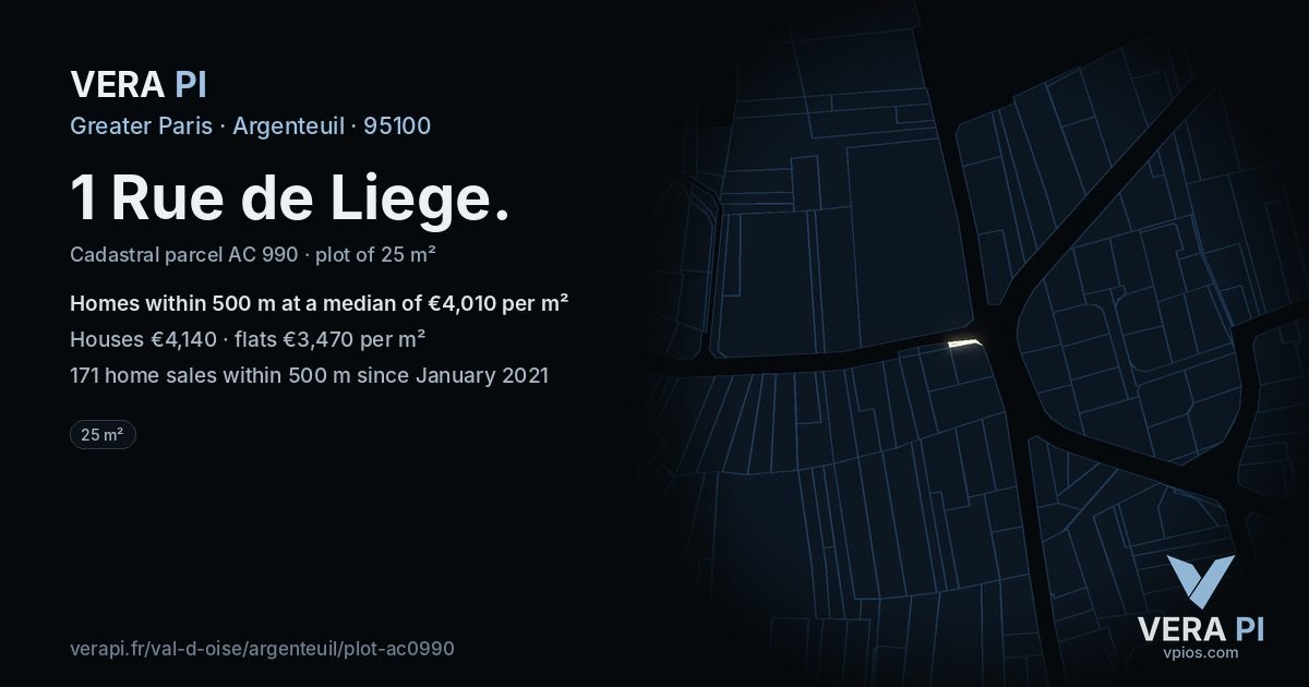 1 Rue de Liege, Argenteuil at night – the plot lit, the parcels around coloured by the prices near them