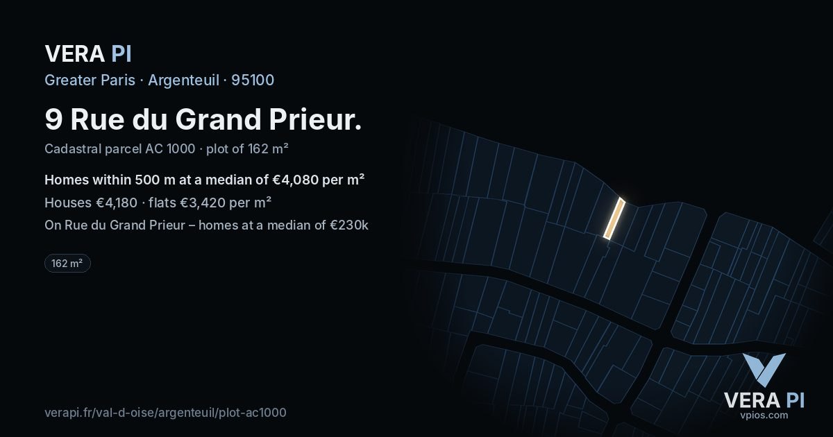9 Rue du Grand Prieur, Argenteuil at night – the plot lit, the parcels around coloured by the prices near them