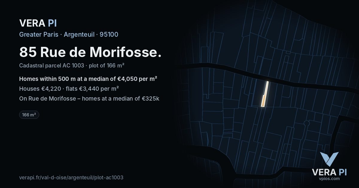 85 Rue de Morifosse, Argenteuil at night – the plot lit, the parcels around coloured by the prices near them
