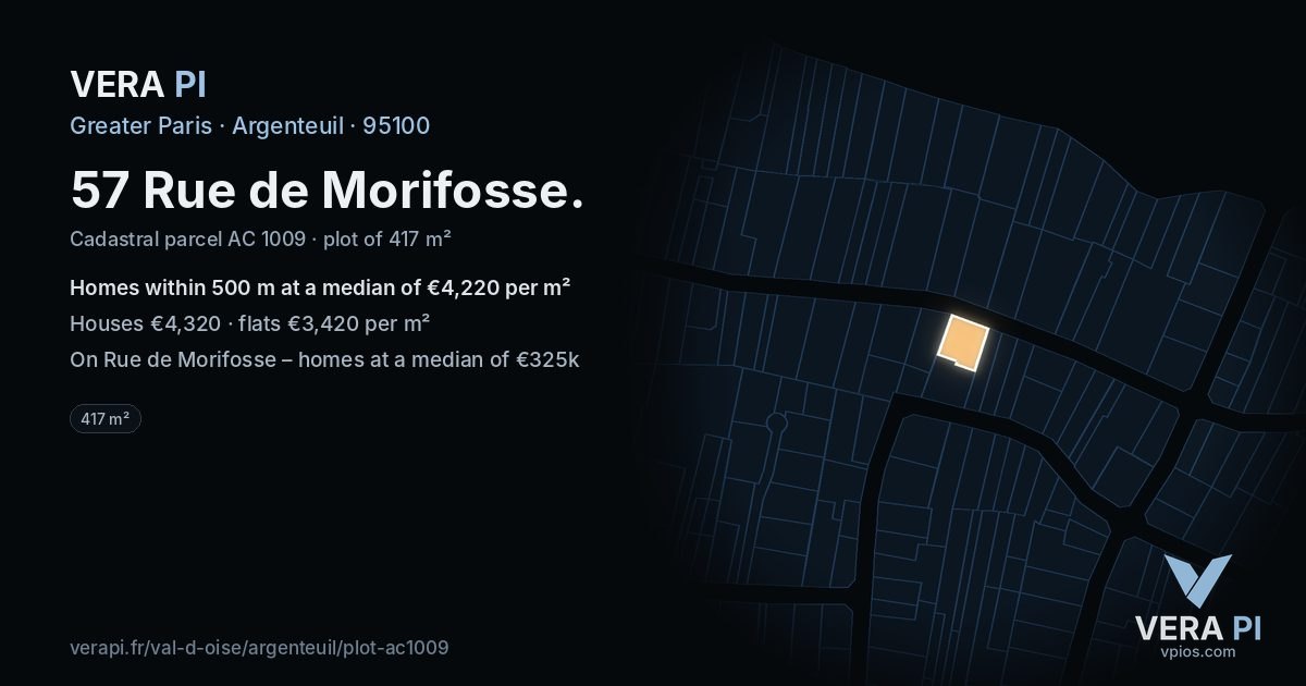 57 Rue de Morifosse, Argenteuil at night – the plot lit, the parcels around coloured by the prices near them