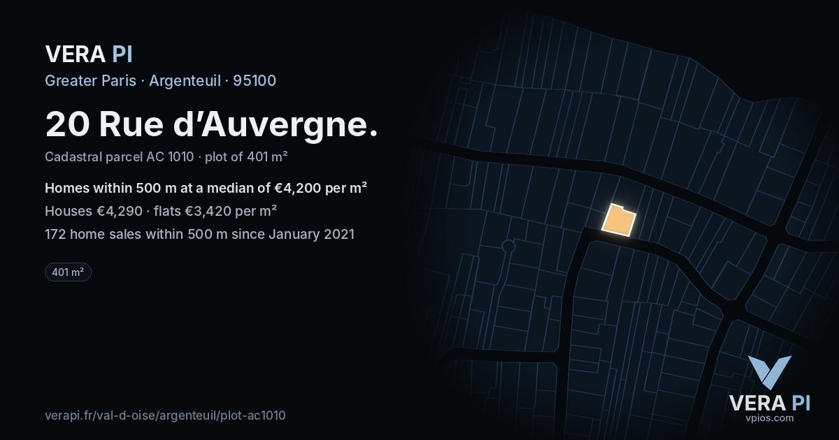 20 Rue d’Auvergne, Argenteuil at night – the plot lit, the parcels around coloured by the prices near them