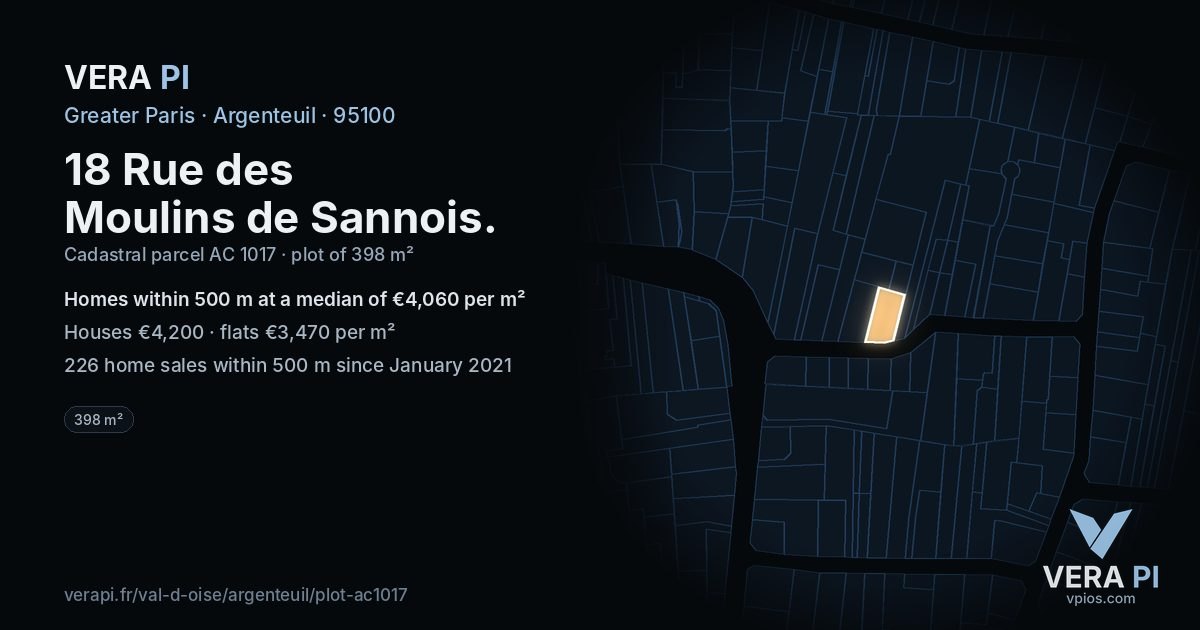 18 Rue des Moulins de Sannois, Argenteuil at night – the plot lit, the parcels around coloured by the prices near them