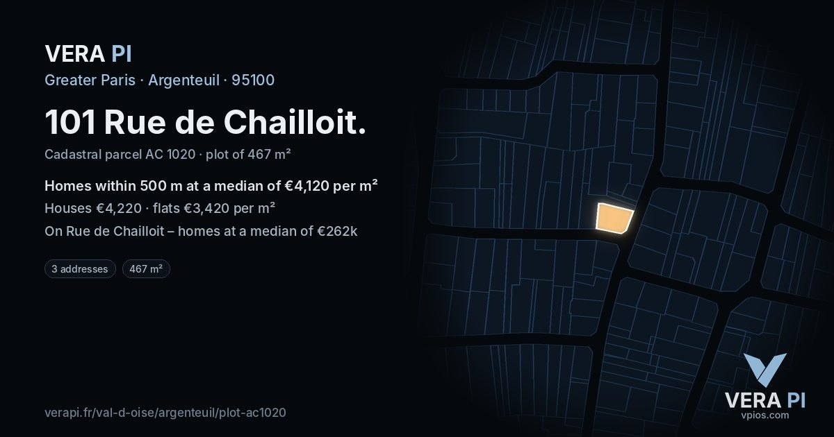 101 Rue de Chailloit, Argenteuil at night – the plot lit, the parcels around coloured by the prices near them