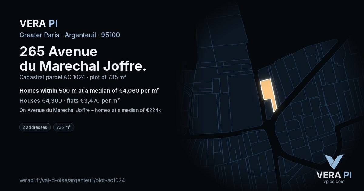 265 Avenue du Marechal Joffre, Argenteuil at night – the plot lit, the parcels around coloured by the prices near them
