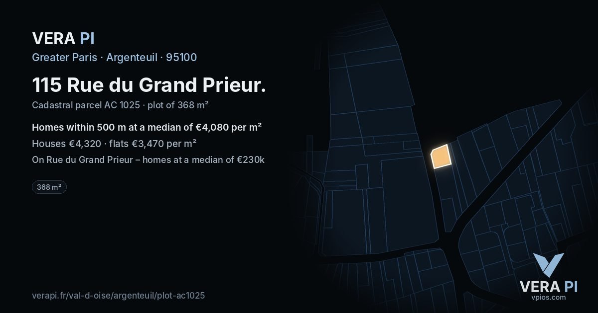 115 Rue du Grand Prieur, Argenteuil at night – the plot lit, the parcels around coloured by the prices near them
