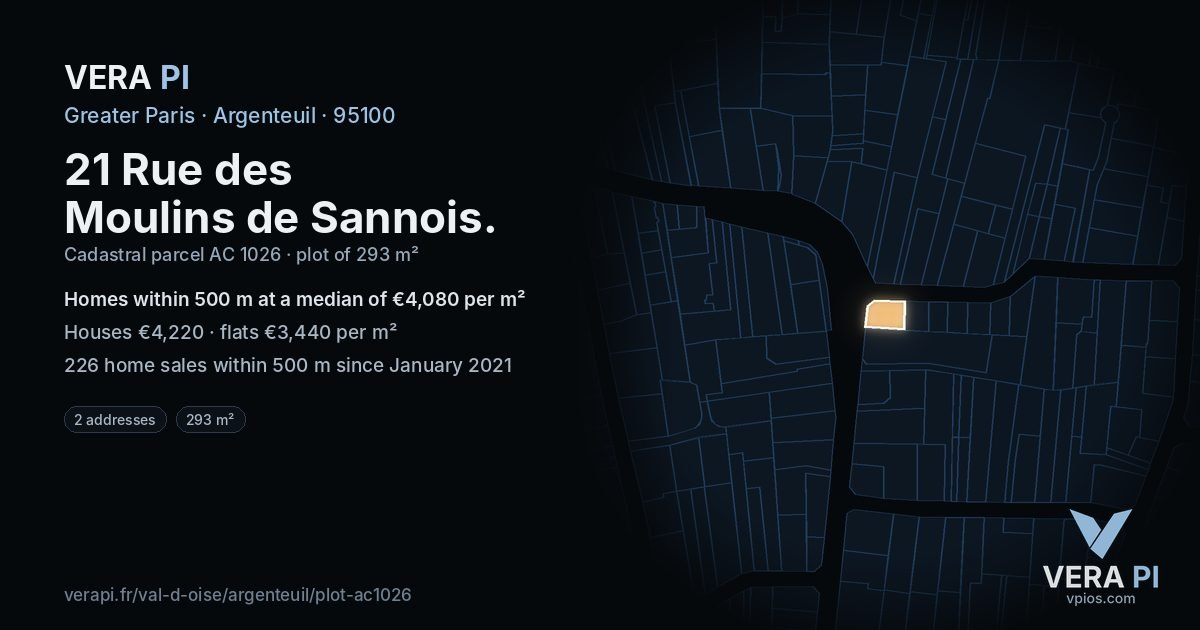 21 Rue des Moulins de Sannois, Argenteuil at night – the plot lit, the parcels around coloured by the prices near them