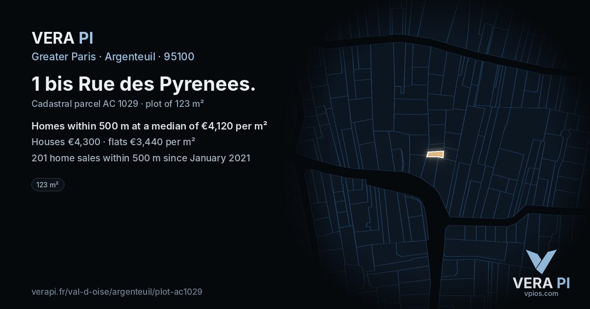 1 bis Rue des Pyrenees, Argenteuil at night – the plot lit, the parcels around coloured by the prices near them