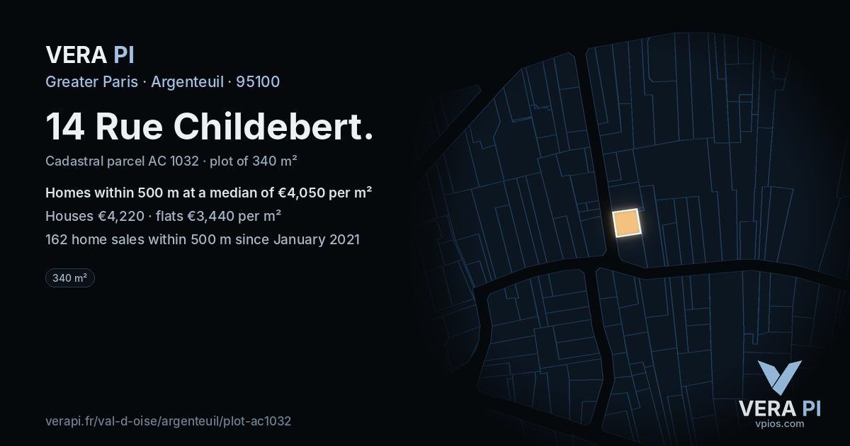 14 Rue Childebert, Argenteuil at night – the plot lit, the parcels around coloured by the prices near them