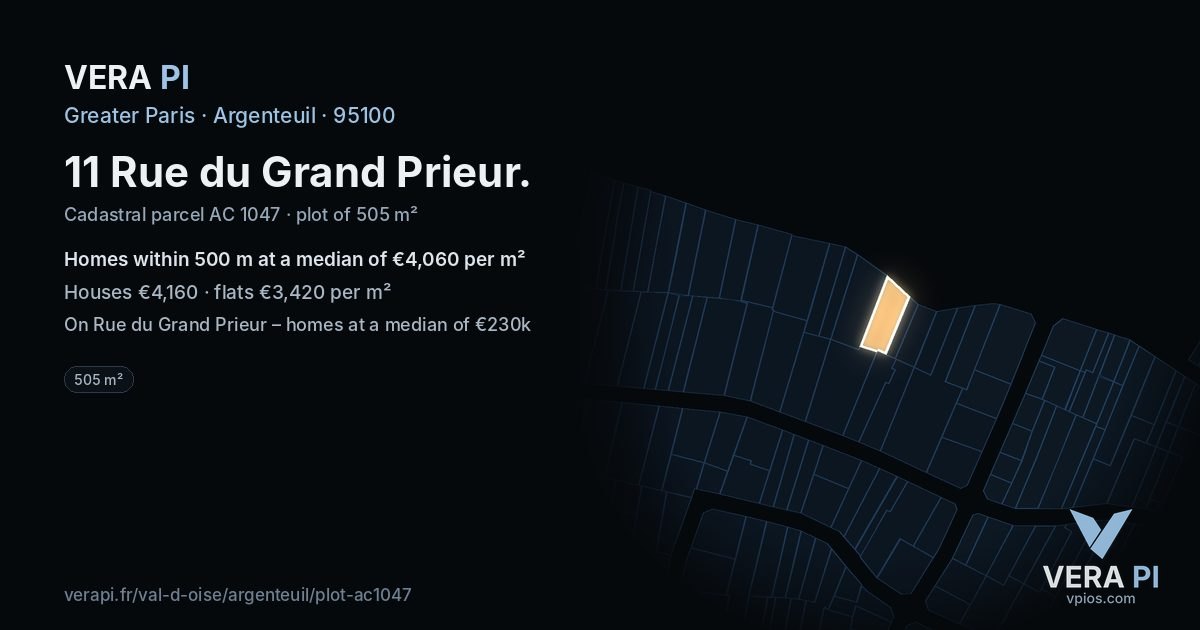 11 Rue du Grand Prieur, Argenteuil at night – the plot lit, the parcels around coloured by the prices near them