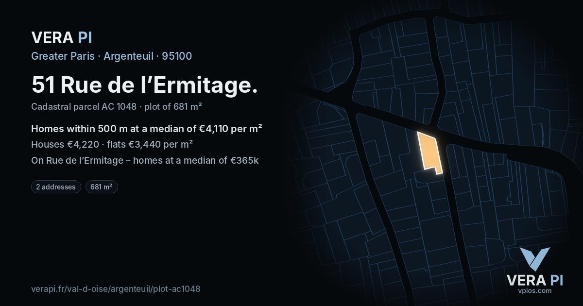 51 Rue de l’Ermitage, Argenteuil at night – the plot lit, the parcels around coloured by the prices near them