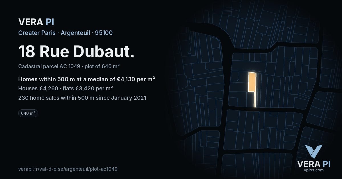18 Rue Dubaut, Argenteuil at night – the plot lit, the parcels around coloured by the prices near them