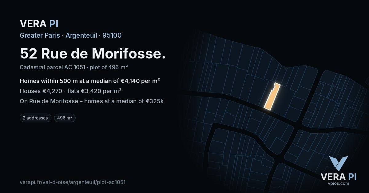 52 Rue de Morifosse, Argenteuil at night – the plot lit, the parcels around coloured by the prices near them